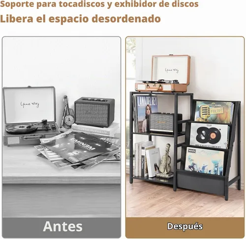 Vista 6 de Bikoney Soporte para Tocadiscos, Soporte para Tocadiscos con Almacenamiento de Discos de Vinilo de 3 Niveles, Mesa para Tocadiscos de Hasta 200