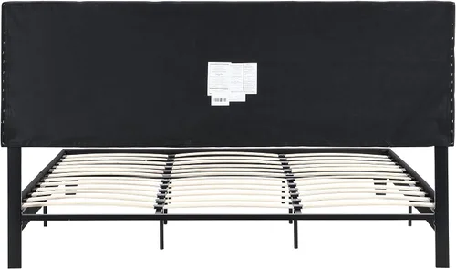 Vista 7 de Base de cama tamaño King, moderna cama tapizada con cabecero, base de cama pesada con soporte de listones de madera, fácil montaje, no necesita
