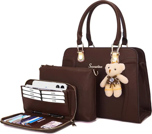 Vista 20 de Soperwillton Monederos para mujer, bolso cruzado de hombro, asa superior, bolsa de mano, cartera, juego de 3 piezas beige/marrón