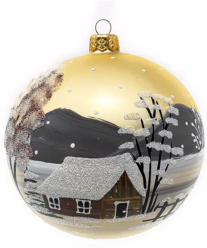 Vista 6 de Adorno navideño de vidrio soplado de Polish Gallery, bola grande dorada, colgante, 5 pulgadas/120 mm, pintado a mano, paisaje invernal campestre
