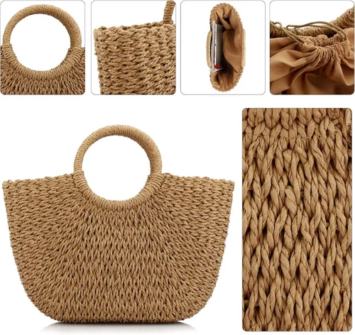 Vista 3 de Bolso de playa de verano para mujer, bolso de paja con asa superior, gran capacidad, bolso de viaje tejido a mano, bolso de paja grande