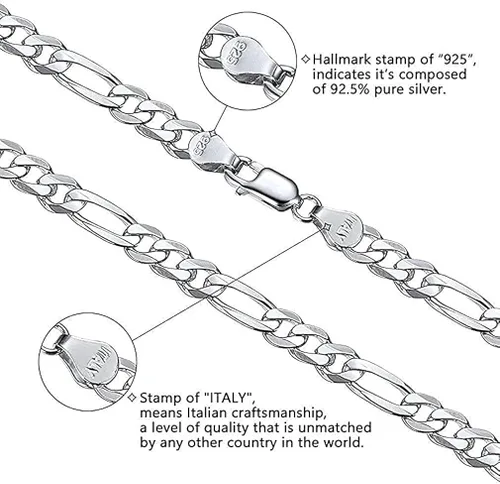 Vista 2 de Savlano Collar de plata de ley 925 de 0374in con eslabones de fígaro sólidos italianos con caja de regalo para hombres y mujeres fabricado en Italia