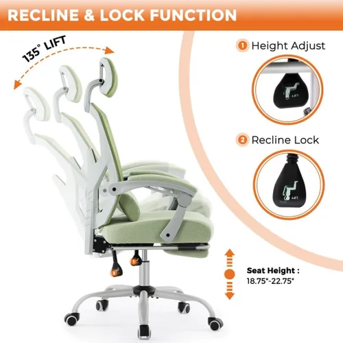 Vista 4 de Silla ergonómica de escritorio para computadora de oficina con almohada lumbar y reposapiés retráctil, sillones giratorios de malla con respaldo