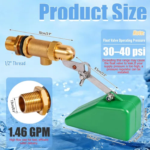 Vista 3 de Válvula de flotador de 1/2 pulgada, válvula de flotador de llenado automático para piscina, verde Adjuatable Arm, Brass Valve & Plastic Float