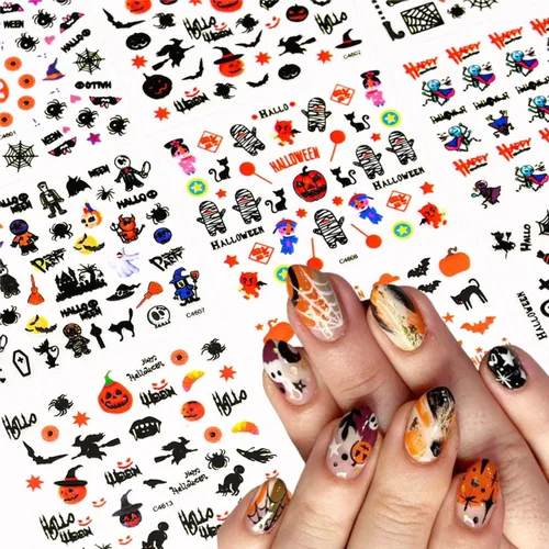 Vista 3 de 24 hojas de calcomanías de arte de uñas de Halloween autoadhesivas 3D, fantasma, calabaza, murciélago, gato, cráneo, diseños de uñas, calcomanías
