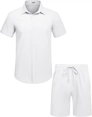 Vista 24 de COOFANDY Conjunto de 2 piezas de algodón y lino para hombre, camisas de manga corta con botones, pantalones cortos de playa de verano, trajes