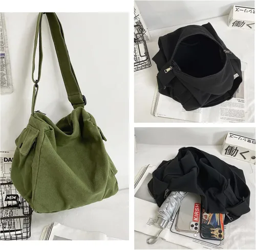 Vista 3 de KlaOYer Bolso bandolera de lona grande tipo hobo para la escuela, bolso bandolera con bolsillo para mujeres y hombres
