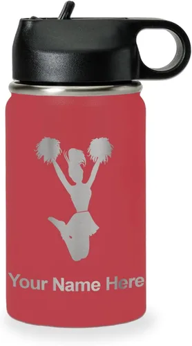 Vista 63 de LaserGram Botella de agua con tapa abatible de doble pared de 12 onzas con pajita, animadora, grabado personalizado incluido (negro)