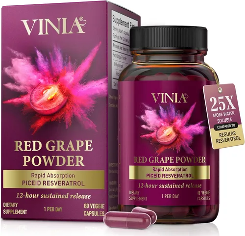 Vista 10 de VINIA Cápsulas de suplemento de resveratrol Piceid. Aumenta el flujo sanguíneo y el óxido nítrico. Presión arterial y apoyo a la salud cardíaca