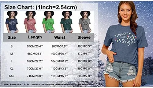 Vista 5 de Christmas Shirt Merry and Bright Christmas Lights T-Shirts Women Xmas Lights Graphic Shirts Merry Christmas Holiday Top