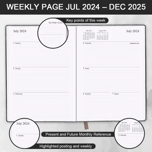 Vista 3 de Agenda 2024-2025 – 18 meses (julio 24 - diciembre 25) Agenda académica 5.8" x 8.5", agenda semanal y mensual 2024-2025 con soporte para bolígrafo