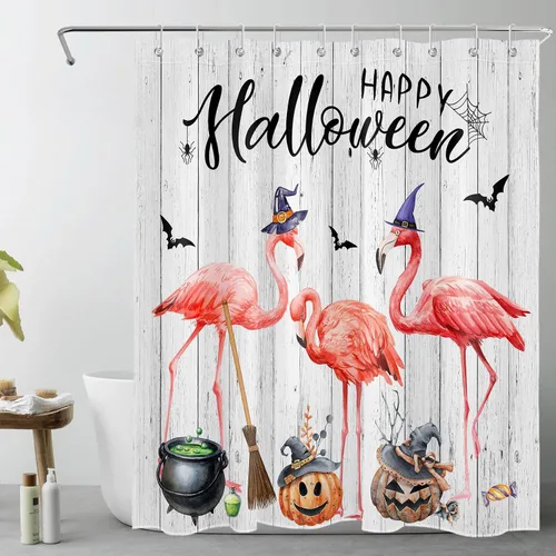 Vista 33 de LB Cortina de ducha de feliz Halloween para baño, flamenco rosa y calabaza naranja con sombrero mágico, cortina de ducha de tela con ganchos, juego