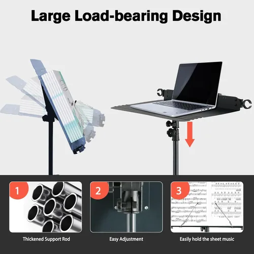 Vista 4 de RANMING Soporte de música resistente de doble uso, plegable, para partituras, soporte ajustable para notas musicales con soporte para micrófono, Azul
