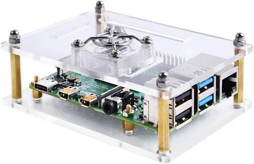 Vista 7 de GeeekPi Funda acrílica para Raspberry Pi 4 Modelo B y Raspberry Pi 3 Modelo B+, Pi con ventilador de refrigeración y 7 disipadores térmicos