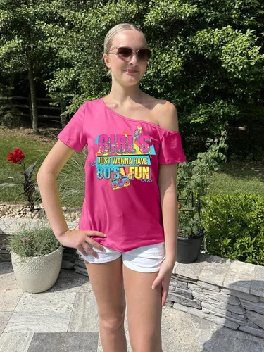 Vista 5 de Traje de los años 90 y 80 para mujer, camiseta de discoteca de fiesta temática de los años 80, tops con hombros descubiertos, parte superior vintage