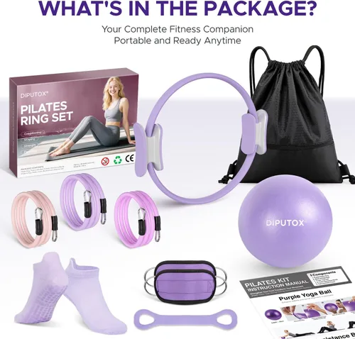 Vista 7 de Pilates Ring Kit for Women, Pilates Equipment Accessories, Home Workout Set with Magic Circle, Mini Exercise Ball, Ankle Resistance Bands & Yoga