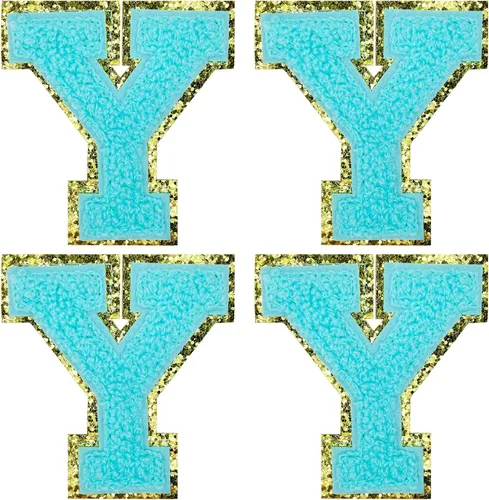 Vista 13 de Jongdari Letras termo-adhesivas de felpilla para ropa, parches de letras del alfabeto con brillantina para coser, con adhesivo planchado, 4 Azul