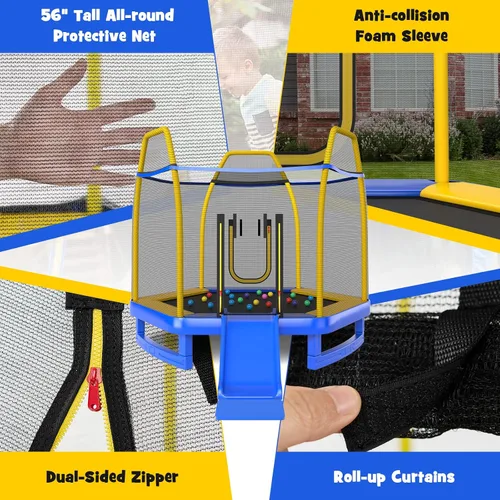 Vista 3 de GYMAX Trampolín para niños, cama elástica de 7 pies aprobada por ASTM con tobogán, escalera, pelotas y tapetes oceánicos, trampolín recreativo