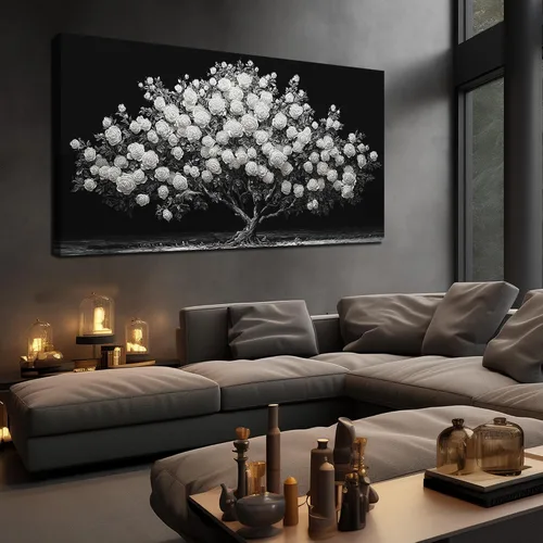 Vista 11 de JuhaiArt Arte de pared de árbol de rosa blanca para dormitorio, decoración de pared negra, cuadro floral para dormitorio y oficina, 20 x 40 pulgadas