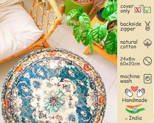 Vista 3 de Funda de almohada marroquí para suelo, color azul, redondo, estilo bohemio, decoración de habitación, zona de estar marroquí, puf otomano perfecto