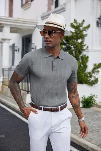 Vista 39 de COOFANDY Camisas polo de punto para hombre de manga corta con textura acanalada Camisas de golf casuales y ligeras con cuello Camiseta de polo