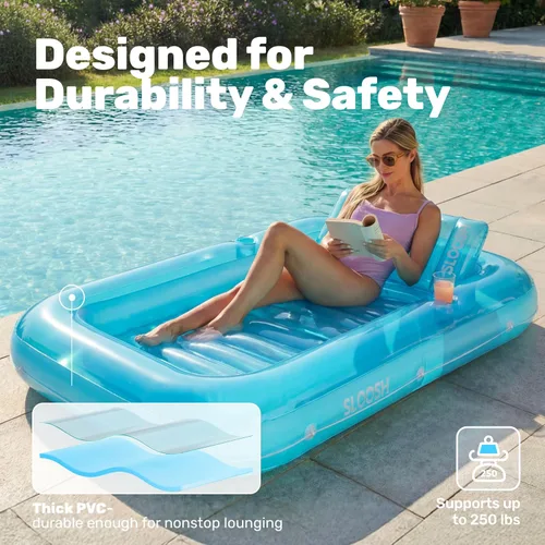 Vista 5 de SLOOSH Flotador inflable, camastro para adultos, con almohada, 178 x 117 cm, 4 en 1: balsa-tina bronceadora, camastro para tomar el sol, fiestas Azul