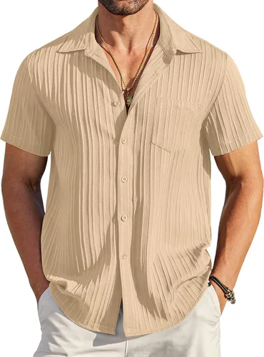Vista 7 de COOFANDY - Camisas de botones casuales para hombre, de manga corta, con textura, camisa de playa de verano con bolsillo