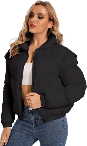 Vista 3 de Chaqueta acolchada corta de invierno para mujer con bolsillos con cremallera, manga larga, cálida y acolchada