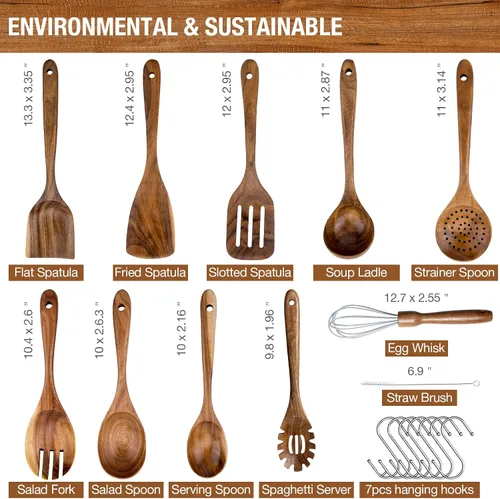 Vista 2 de Cuchara de madera de teca prémium para cocinar, juego de utensilios de cocina de madera antiadherentes de 10 piezas, cucharas de madera resistentes
