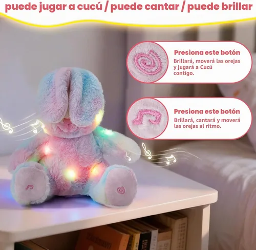 Vista 3 de Glow Guards Peek-a-Boo - Peluche de conejo de 10 pulgadas, juguete de peluche de conejo arcoíris que canta, juguetes de peluche interactivos