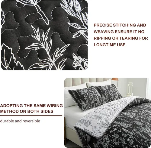 Vista 4 de Juego de edredón de 2 piezas individual, diseño botánico reversible negro y blanco, colcha de microfibra suave y suave, funda de cama para todas