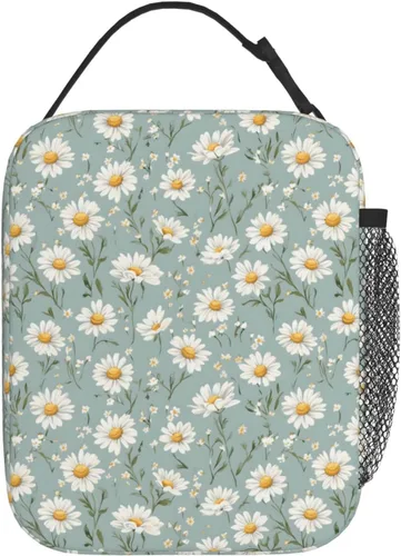 Vista 3 de Lonchera con diseño de margaritas para mujeres, niños, niñas y hombres, lonchera aislada, bolsa de almuerzo para adultos, bolsa de almuerzo