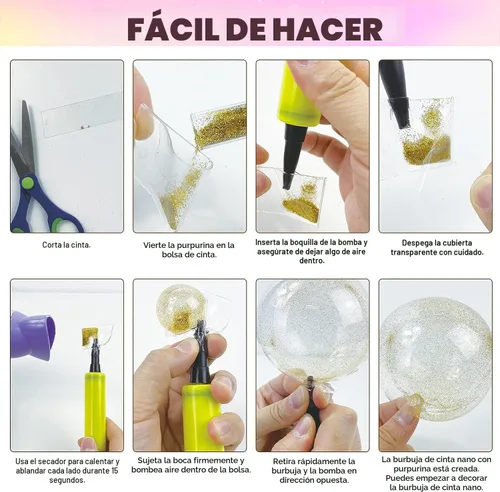 Vista 4 de Kit de burbujas de nano cinta, versión de globo de agua con cinta de doble cara de 9.8 pies y juguete de jeringa, kit de manualidades para niños