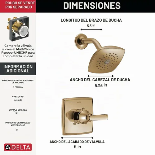 Vista 3 de Delta Ashlyn - Juego de grifo de ducha serie 14, juego de cabezal de ducha y mango de oro cepillado, kit de moldura de válvula bronce champán