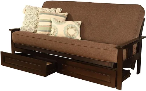 Vista 16 de Maykoosh Marco de futón completo de refinamiento rústico con cajones de almacenamiento, blanco antiguo/bronceado, madera dura clásica con brazos