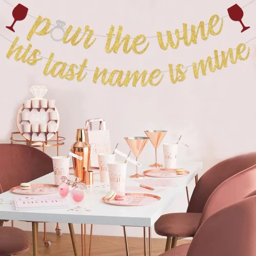Vista 4 de Sursurprise Decoraciones de despedida de soltera de vino, cartel con texto en inglés «Pour the Wine His Last Name Is Mine» para bodega, despedida