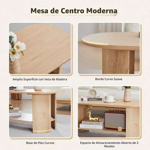 Vista 6 de Mesa auxiliar ovalada para sala de estar, mesas de centro de granja de 43.3 pulgadas con almacenamiento, mesa central de madera de 2 niveles