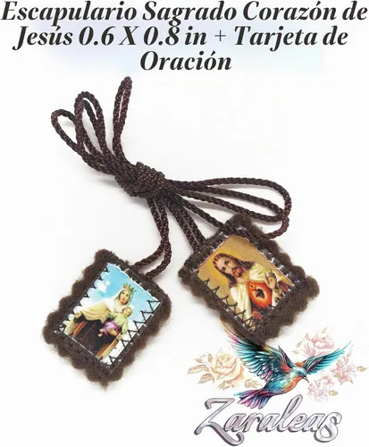 Vista 2 de Escapulario Católico Marrón Lana Rectangular Icono Hecho A Mano Corazón Sagrado de Jesús con Nuestra Señora Monte Carmelo por Zaraleas