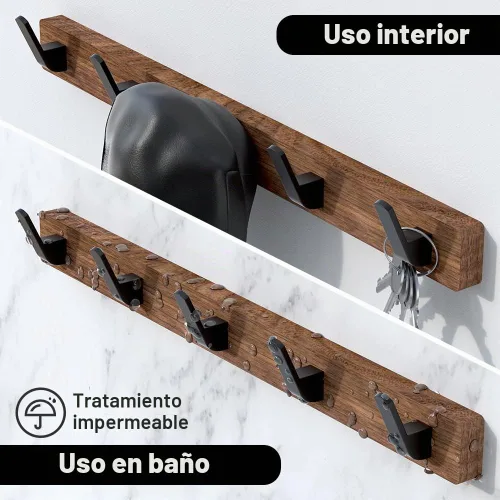 Vista 4 de Perchero de pared para colgar abrigos, ganchos de madera de nogal Perchero con 5 ganchos