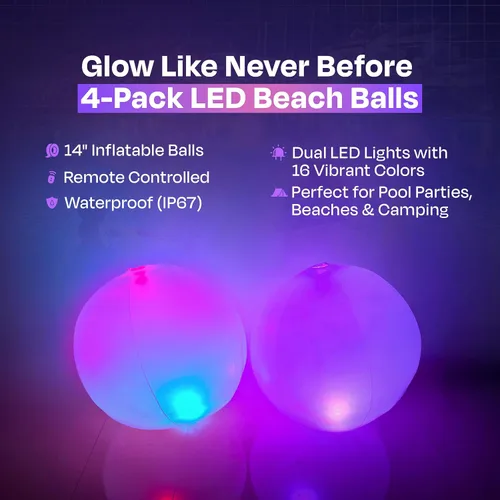 Vista 5 de NAYUNA Pelota de playa doble LED para adultos, paquete de 4, bolas que brillan en la oscuridad para piscina y playa, pelotas de playa iluminadas