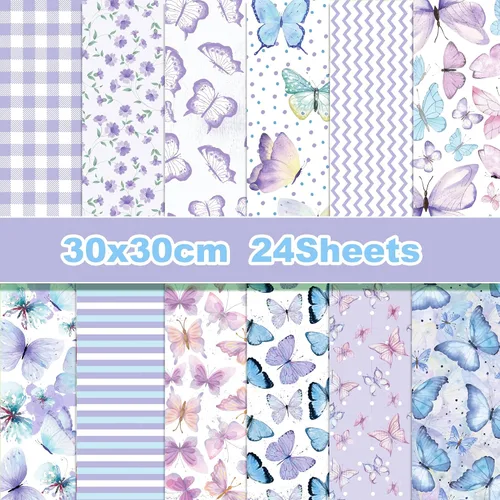 Vista 2 de 24 blocs de papel púrpura acuarela mariposa Scrapbook papel papel de doble cara con patrón de flores Bue para álbumes de recortes, bricolaje, fondo