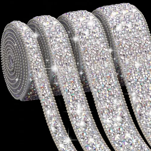Vista 13 de Juexica Cintas autoadhesivas de diamantes de imitación de 4 yardas, 4 estilos de rollo de diamantes de imitación, cinta brillante con purpurina
