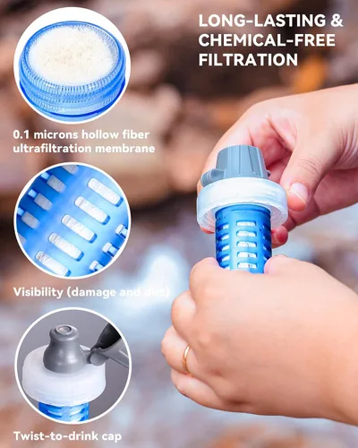 Vista 5 de Botella de filtro de agua plegable de 1.0 L, sin BPA, ultraligera y duradera, con cartucho de tapa de filtro de 1.654 in, botella de agua filtrada