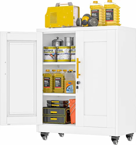 Vista 7 de Metal Garage Storage Cabinet, 36” Rolling Wheels Tool Cabinet with Lock-2 Adjustable Shelves, Locking Storage, Steel Locker Storage Systems for Home