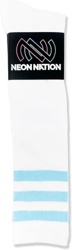 Vista 5 de NEON NATION Calcetines de tubo unisex blancos hasta la rodilla con varias rayas de colores Blanco con rayas azules bebé