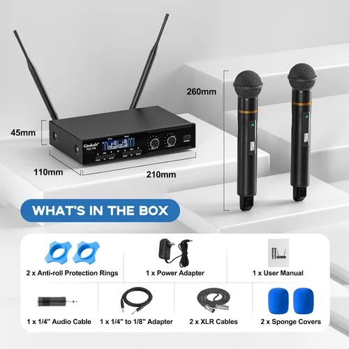 Vista 8 de Gimkuls Sistema de micrófono profesional inalámbrico, micrófono dinámico inalámbrico de mano, doble UHF de 200 canales, micrófonos de metal de 328
