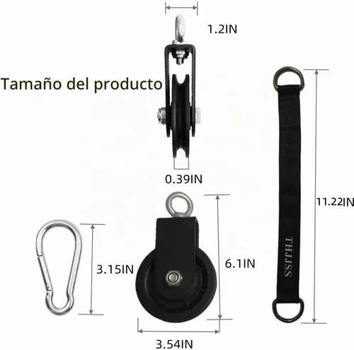 Vista 2 de Sistema de polea de cable de peso, rueda de polea giratoria de 360 grados, polea silenciosa de 3.54 pulgadas, correa para colgar polea, mosquetón 1