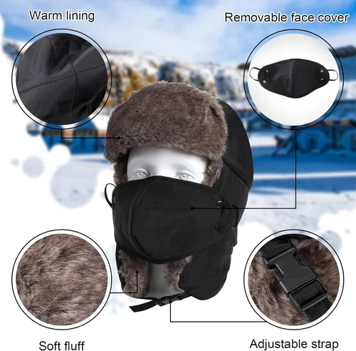 Vista 3 de 3 Pieces Trapper Hat Winter Hats Windproof Waterproof Fleece Neck Warmer Scarf Warm Winter Knit Touchscreen Gloves