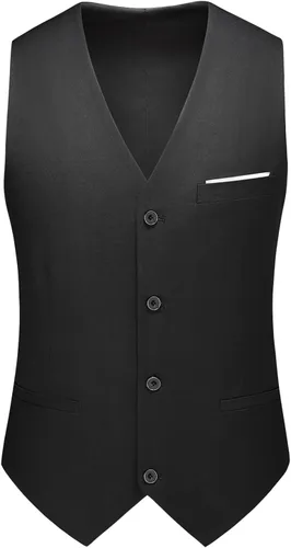 Vista 4 de Trajes de 3 piezas para hombre, traje ajustado de un botón, traje sólido, chaqueta, chaleco, pantalón.. Negro