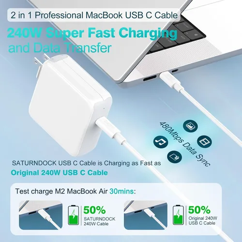 Vista 2 de Cable USB C a USB C de 240 W de 6.6 pies, cable de carga USB-C tipo C de carga rápida para MacBook Pro MacBook Air Charger, iPad Pro 13 12.9 11